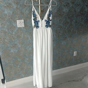 Elegant White Dress with Blue Floral Embroidery